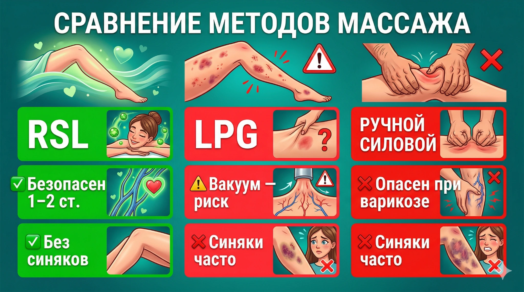 Сравнение RSL, LPG и ручного массажа при варикозе