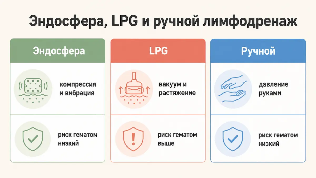 Сравнение эндосферы, LPG и ручного лимфодренажа по принципу воздействия и риску гематом