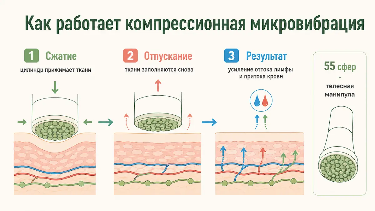 Схема механизма компрессионной микровибрации: сжатие тканей, отток лимфы, приток крови
