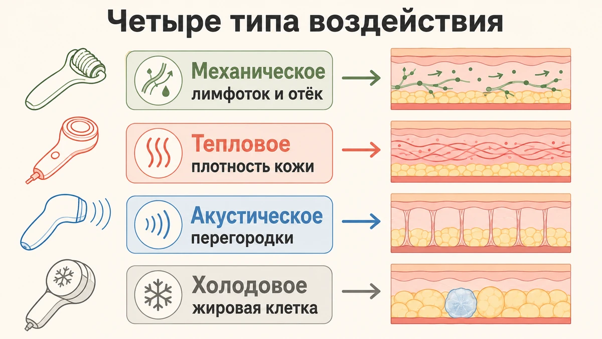 Схема: четыре типа воздействия аппаратов от целлюлита на ткани