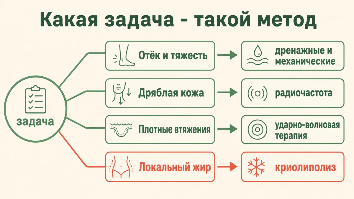 Развилка выбора: какая задача по коже и какой аппаратный метод ей соответствует