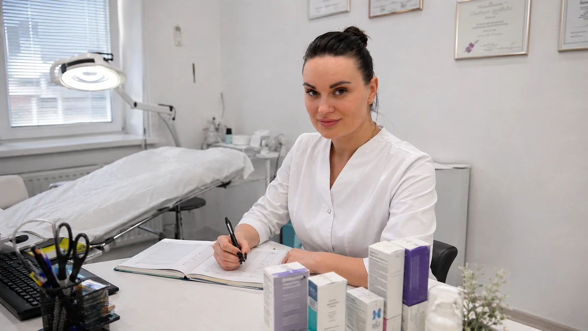 Врач-косметолог Шолоухова Т. в кабинете за разбором препаратов