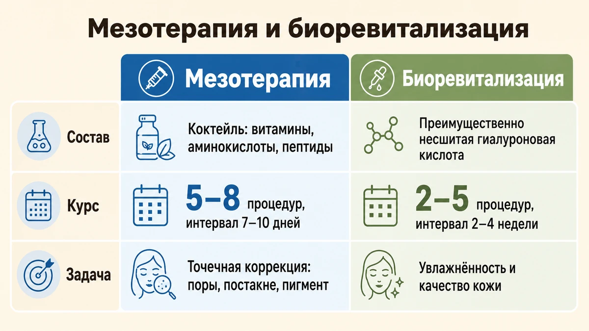Инфографика: сравнение мезотерапии и биоревитализации по составу, курсу и задаче
