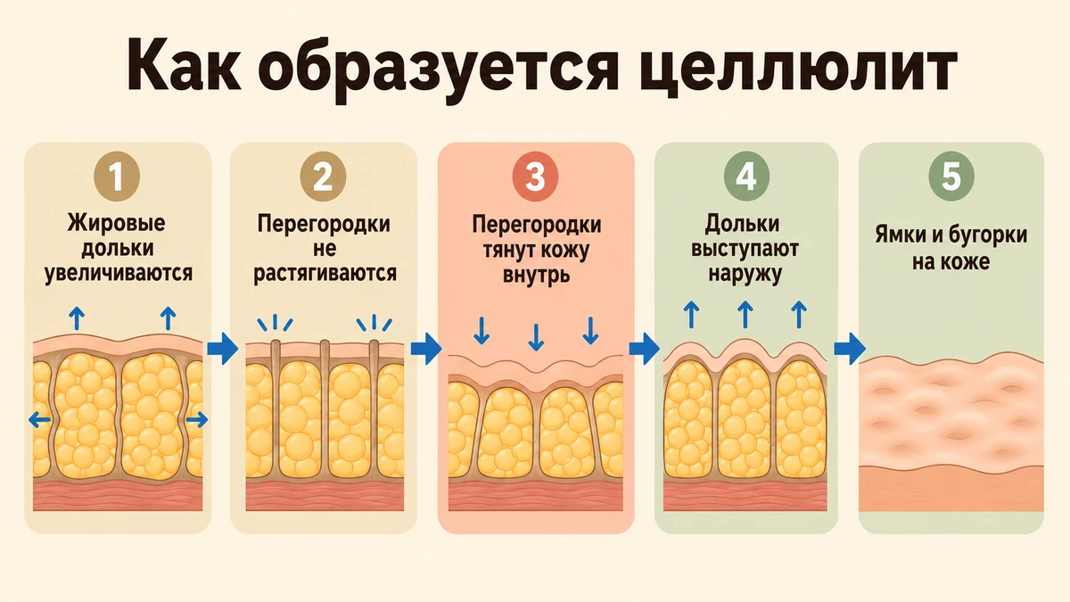 Схема: как фиброзные перегородки и жировые дольки образуют рельеф целлюлита