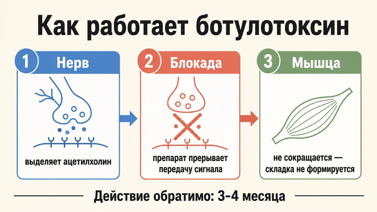 Схема: как ботулотоксин блокирует передачу сигнала от нерва к мимической мышце
