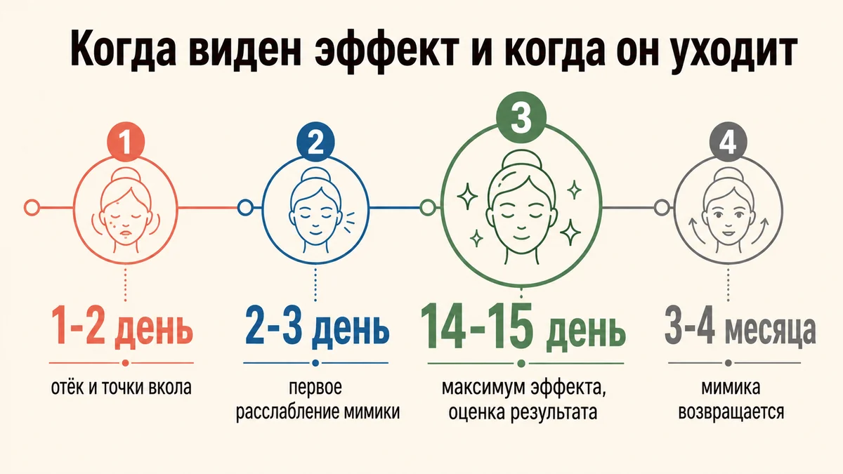 Таймлайн эффекта Диспорта: 2–3 день, 14–15 день, 3–4 месяца