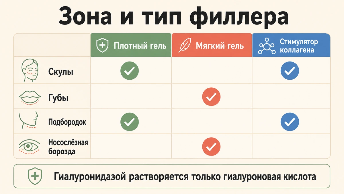 Схема: какие типы филлеров используют для скул, губ, подбородка и носослёзной борозды