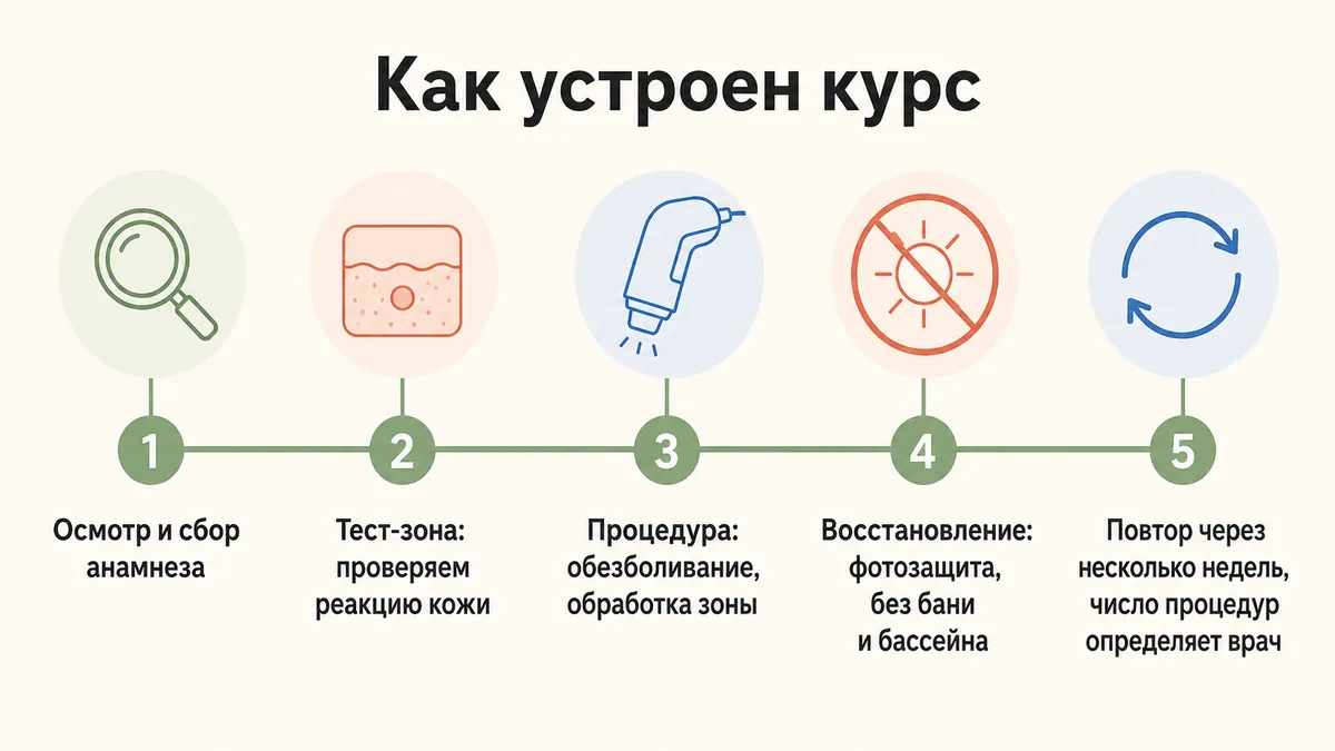 Таймлайн курса коррекции растяжек: осмотр, тест-зона, процедуры, восстановление
