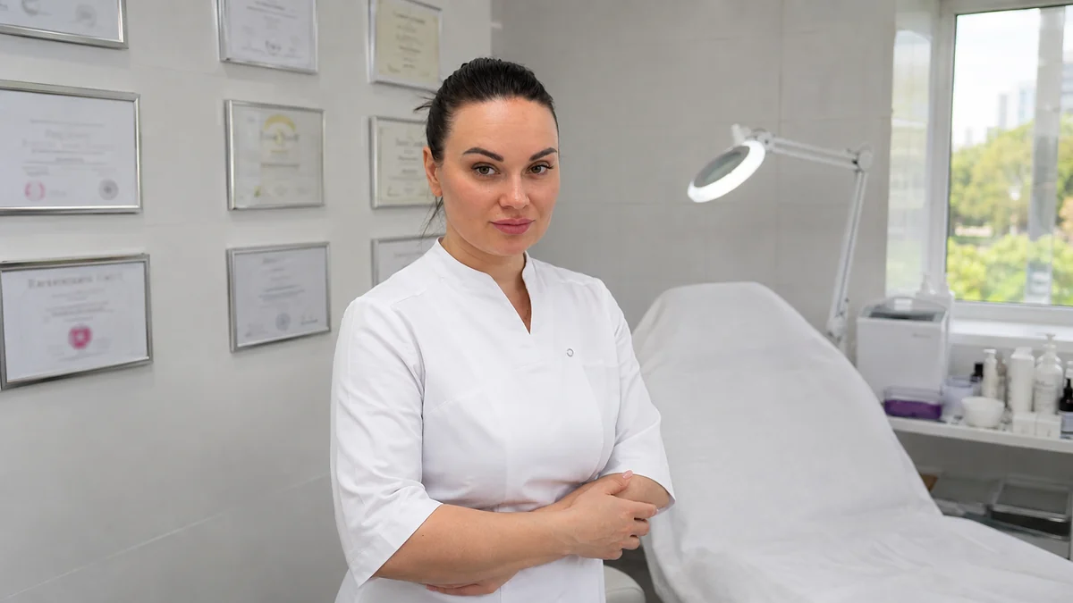 Врач-косметолог Шолоухова Т. в кабинете у стены с документами о квалификации