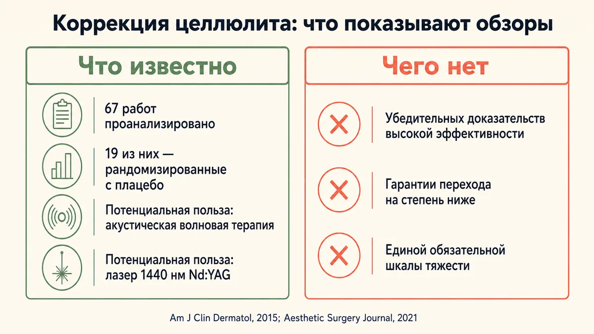 Что доказано и что не доказано о методах коррекции целлюлита по данным обзоров