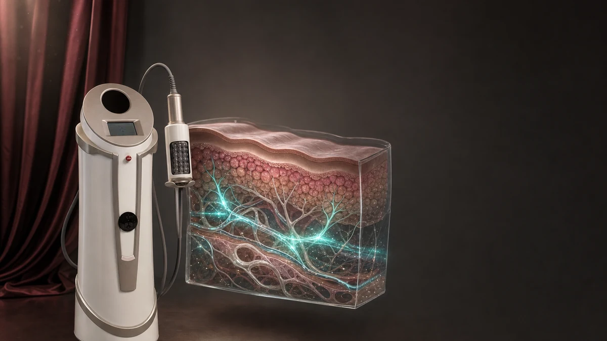 Аппарат Endospheres Therapy и 3D-модель среза кожи с нервными окончаниями