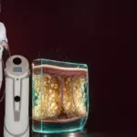 Врач-косметолог у аппарата Эндосфера и 3D-модель среза кожи