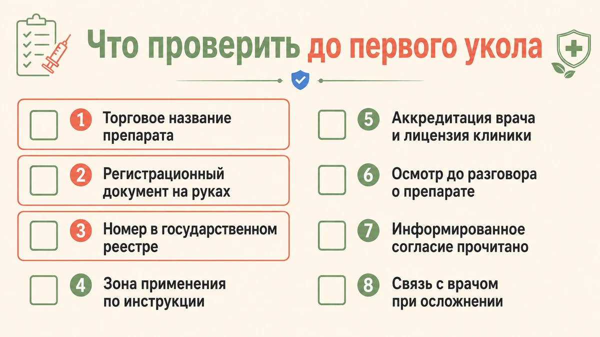 Чек-лист: восемь пунктов проверки препарата и клиники перед инъекцией липолитика