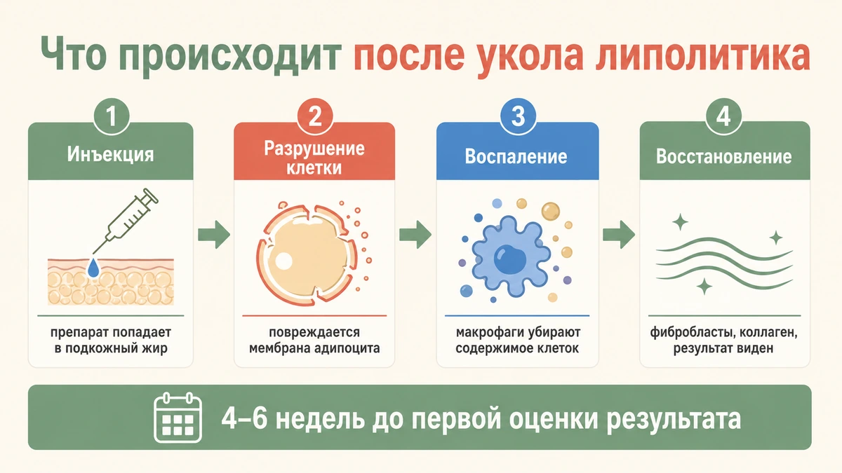 Схема: как липолитик разрушает жировую клетку и что происходит в тканях дальше