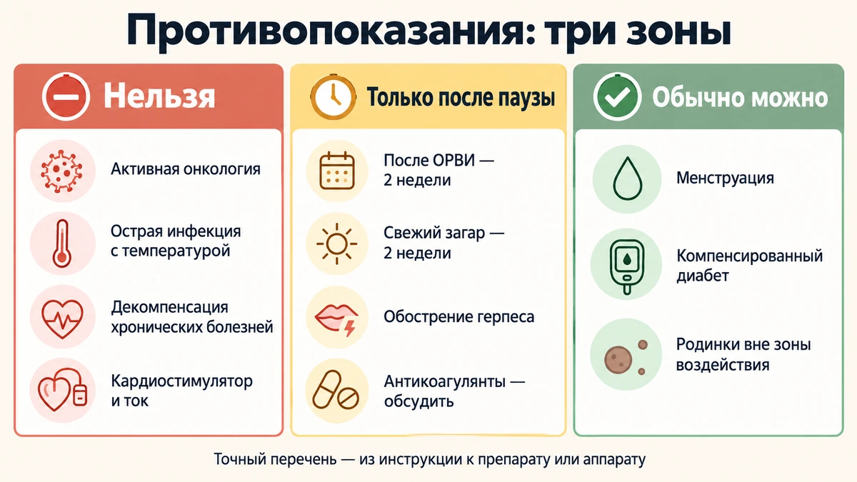 Схема: абсолютные и относительные противопоказания в косметологии