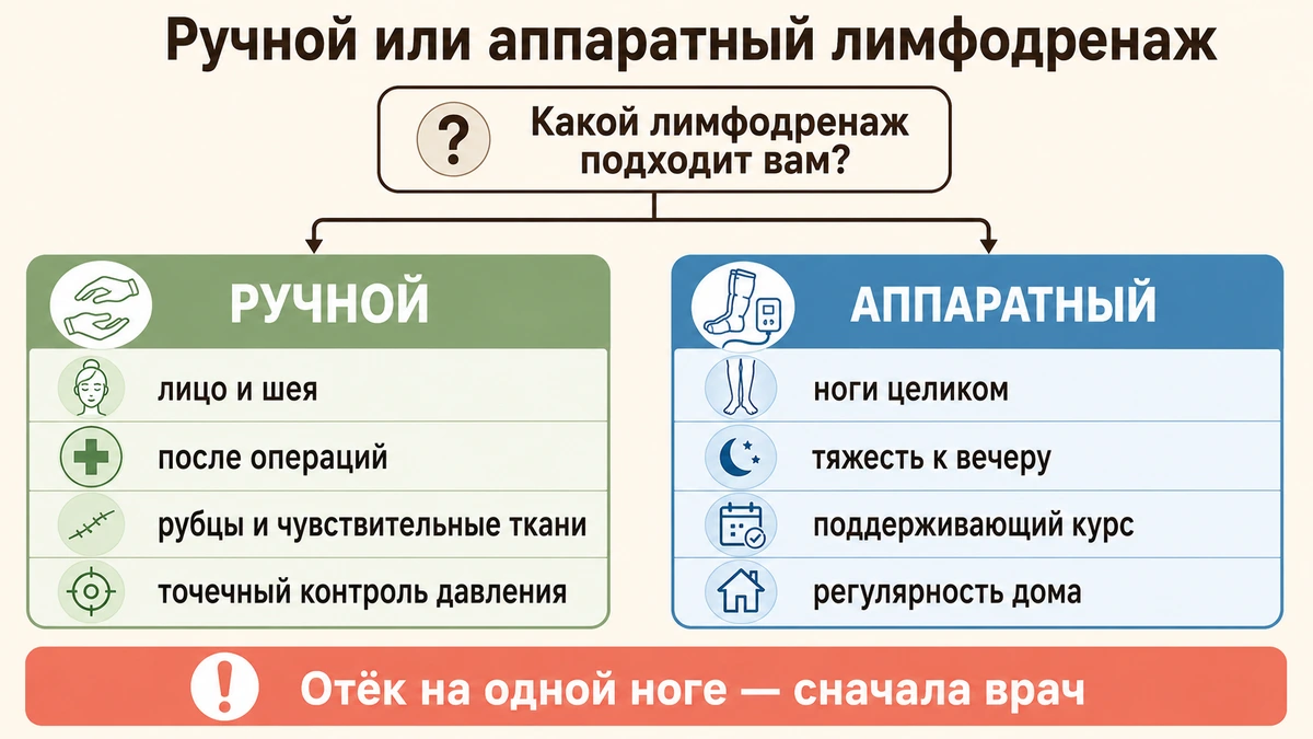 Схема выбора: ручной или аппаратный лимфодренаж под задачу и зону