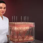 Врач-косметолог и трёхмерная модель среза кожи с микроиглами
