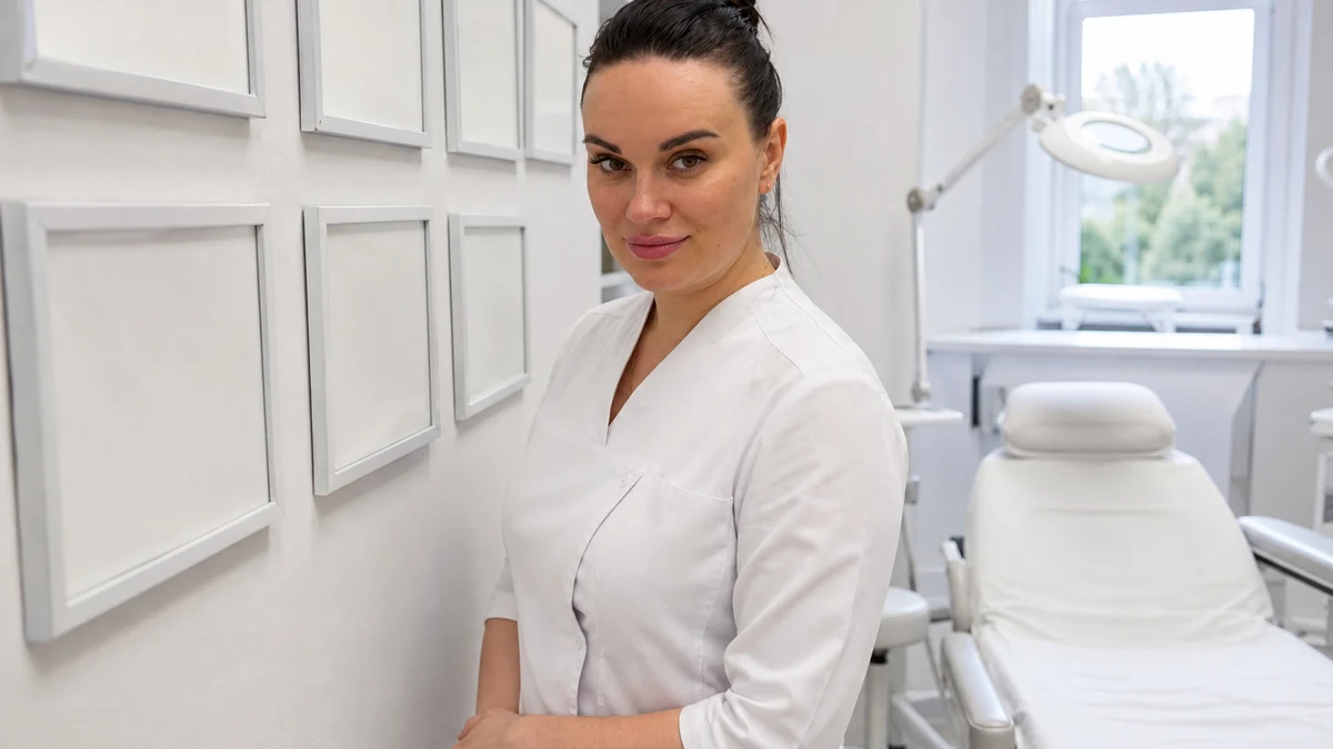 Врач-косметолог Шолоухова Т. у стены с документами об образовании